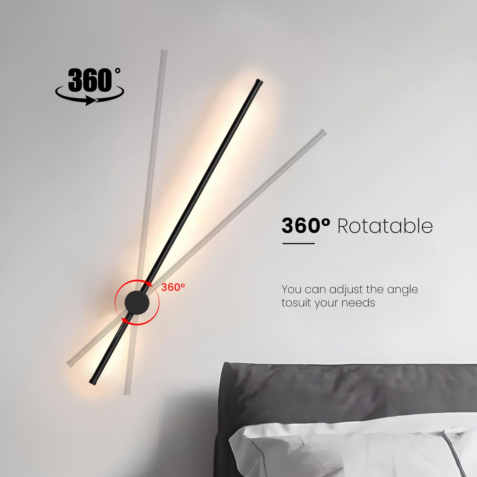 XANAYXWJ Minimalistyczny liniowy kinkiet ścienny LED z możliwością przyciemniania - 60 cm, obrotowa czarna oprawa ze stopu aluminium do przedpokoju, salonu, sypialni, schodów i kuchni (ciepła 100 cm)
