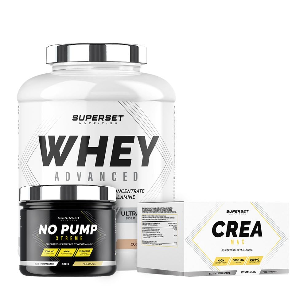 Programme Prise de Muscle Sec Confirmé - 100% Whey Proteine Advanced 2kg Cookies - No Pump Xtreme Pina Colada - Créa Max