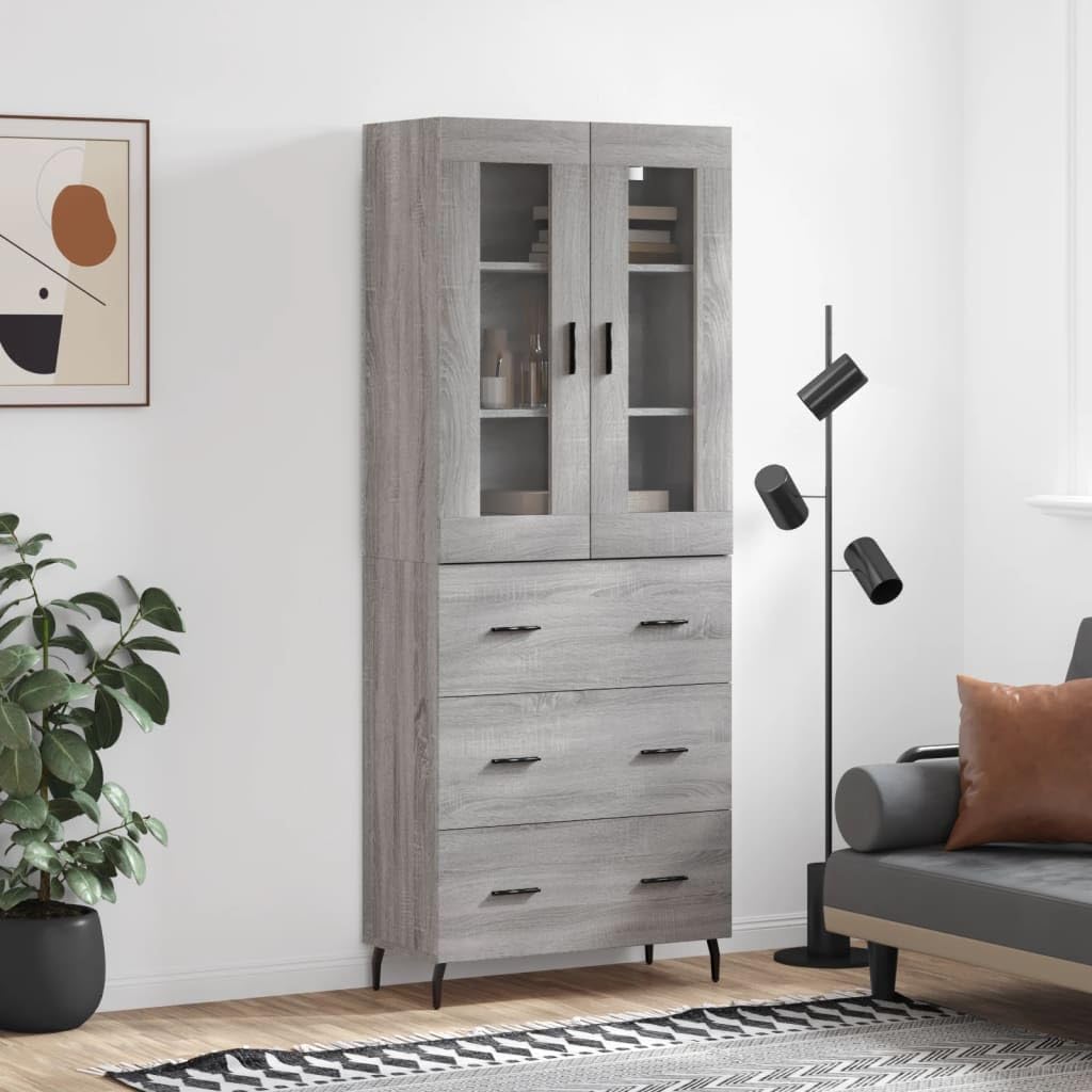 Highboard grigio Sonoma, 69,5 x 34 x 180 cm, con molto spazio, piedini in metallo, credenza e ripiano alto, per cucina, soggiorno e sala da pranzo