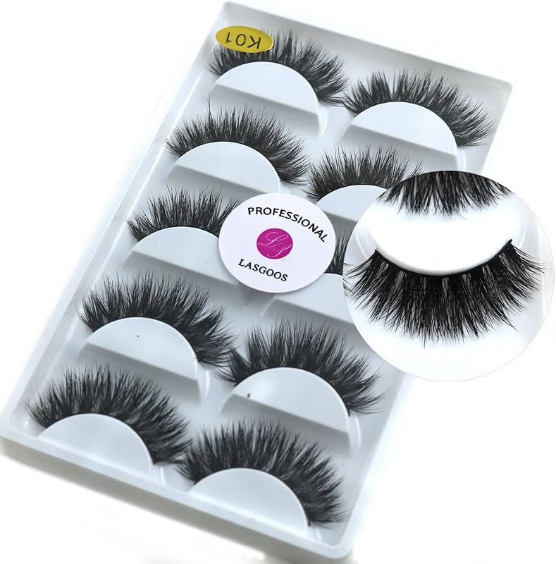 Cílios postiços 3D LASGOOS K01, pretos, reutilizáveis, pacote com 5 pares