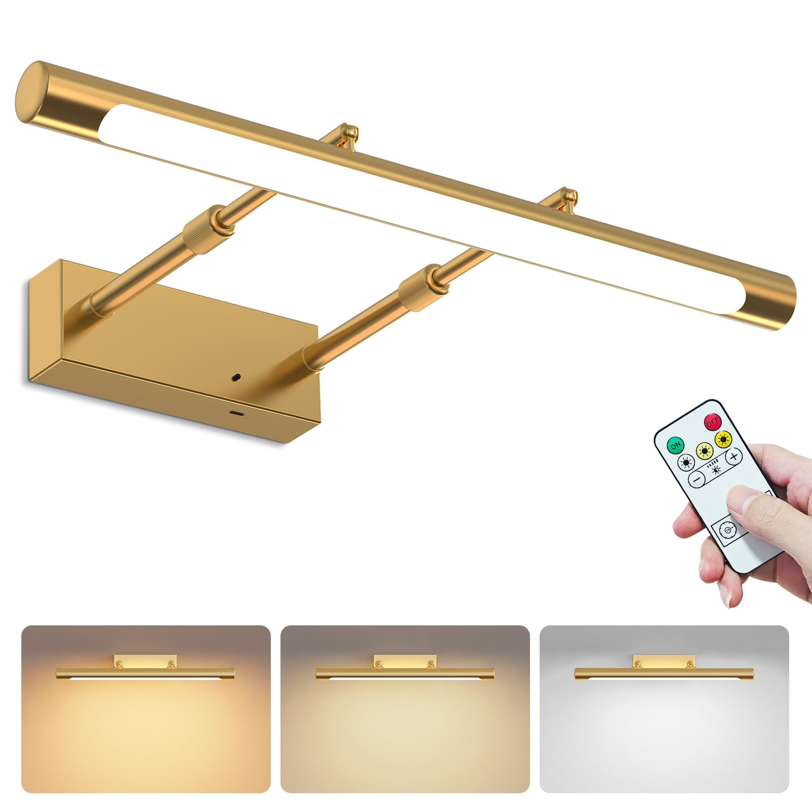 Retractable Picture Light, Wireless Rechargeable Picture Wall Lamp, USB and Remote Control, 3 Color and Brightness Adjustable, Lighting for Mirror, Vanity, Gallery (Gold-42cm)