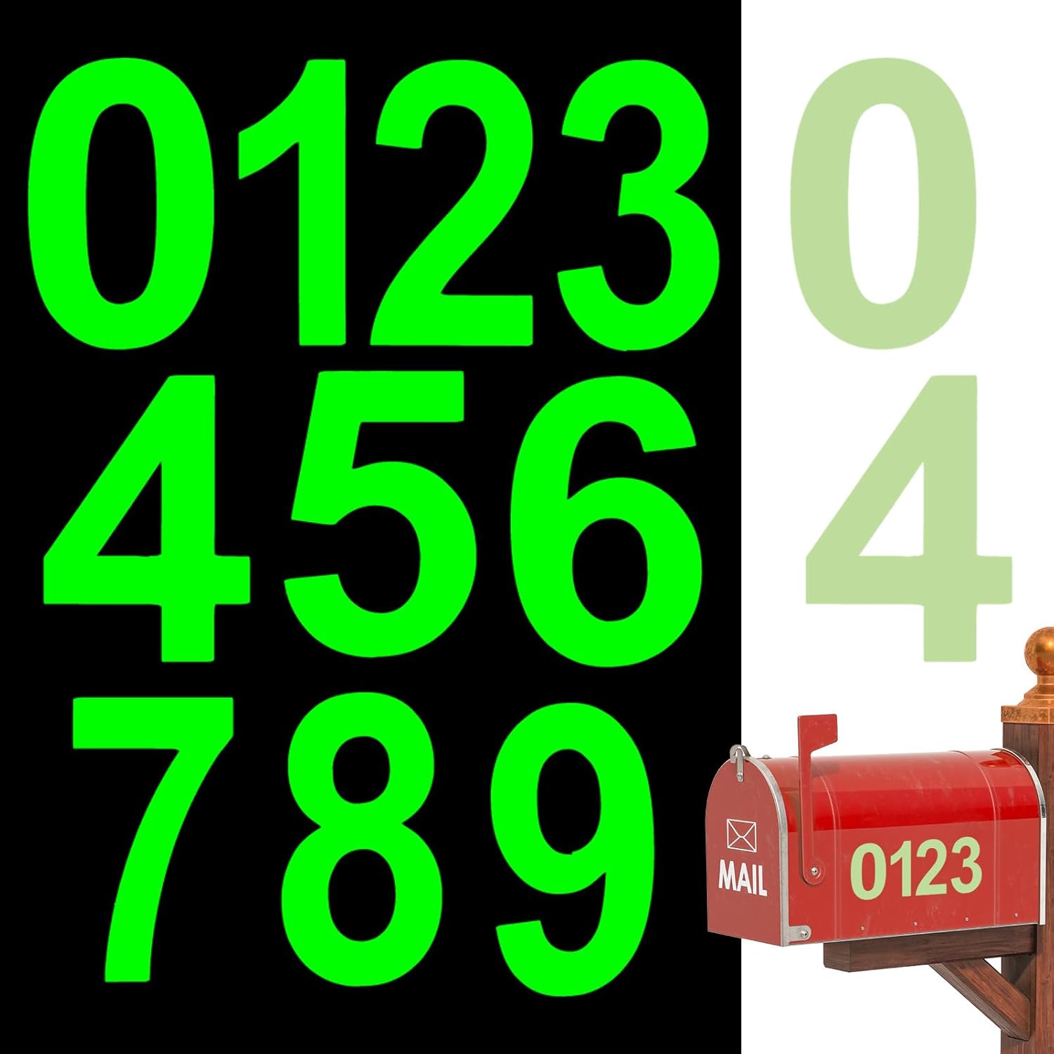 30 Pcs Glow in the Dark Mailbox Numbers, Reflective Mailbox Number Stickers for Outside, 2.4" Waterproof Adhesive Vinyl Number Stickers for Signs, Door, Cars, Trucks, Garbage (0-9, 3 Sheets)