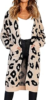 BTFBM Women Long Sleeve Open Front Leopard Knit Long Cardigan Casual Print Knitted Maxi Sweater Coat Outwear with Pockets