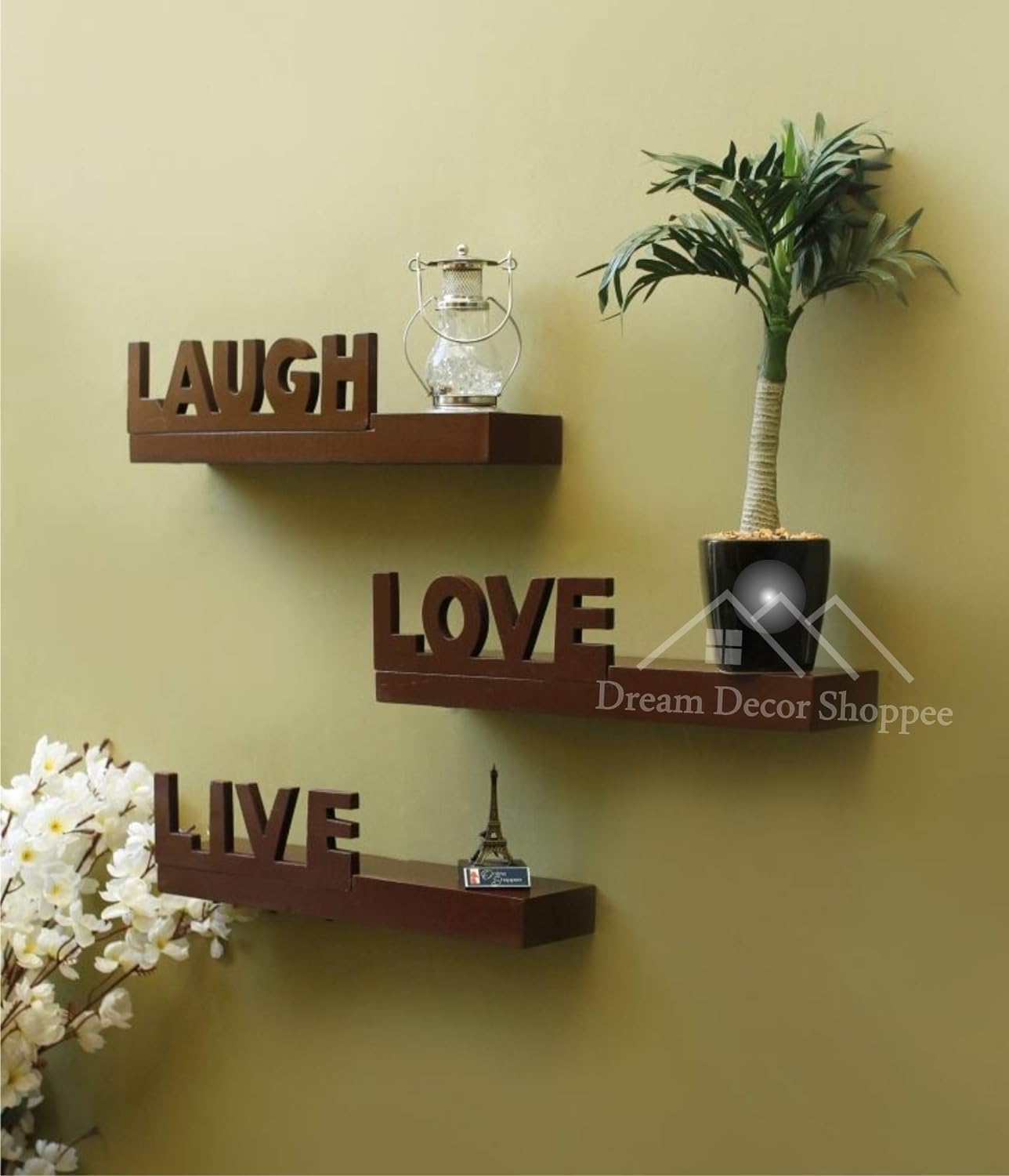 Brown Art Soppee Beautiful Wall Shelf Set of 3 Lovely Words, Live-Love-Lough Wall Hanging Wall Rack Living & Bedroom Decor (Brown)
