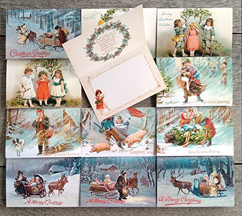 Image of PIXILUV WHITE CHRISTMAS (Pack of 12) Notecards Small Greeting Cards # Cold Wintery Christmas Scenes ~ Vintage Christmas Postcards Reprint