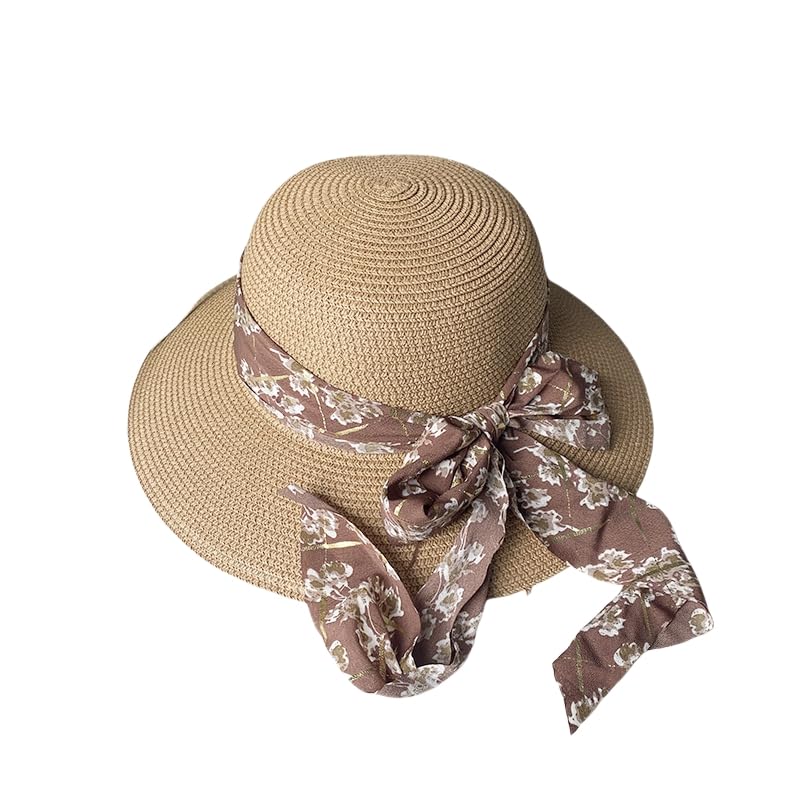 Sombrero de Paja Trenzado de Verano para Mujer,Transpirable,con Protección UV y Lazo Floral,Sombrero de Playa Ligera para Vacaciones,Viajes y Actividades Al Aire Libre