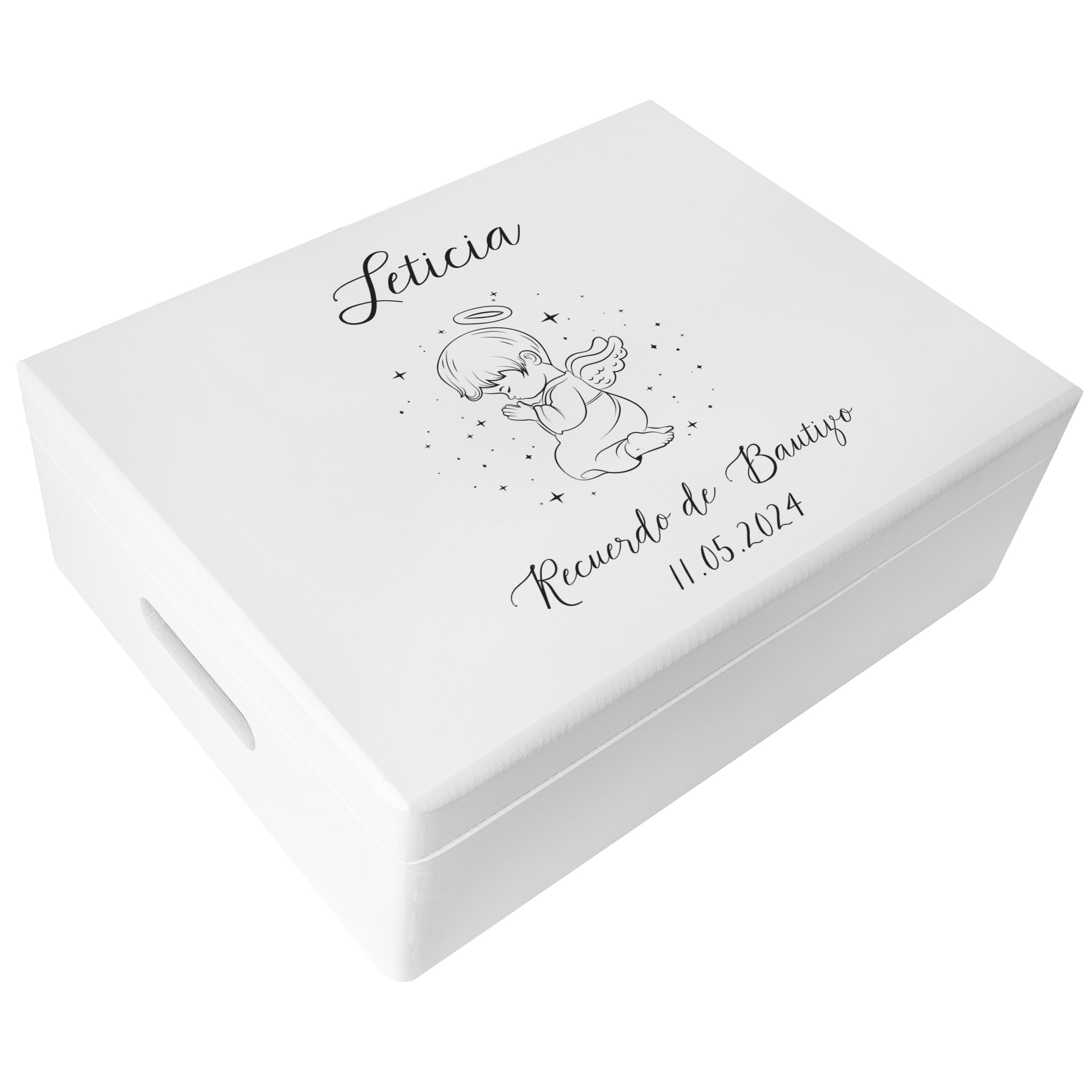Creative DECO Blanca Caja Regalo Personalizada Bautismo para Niños y Niñas | Caja de Memoria de Madera | Personalizado - Ángel | Impreso | Personalizadas para Niño y Niña | Personalizados