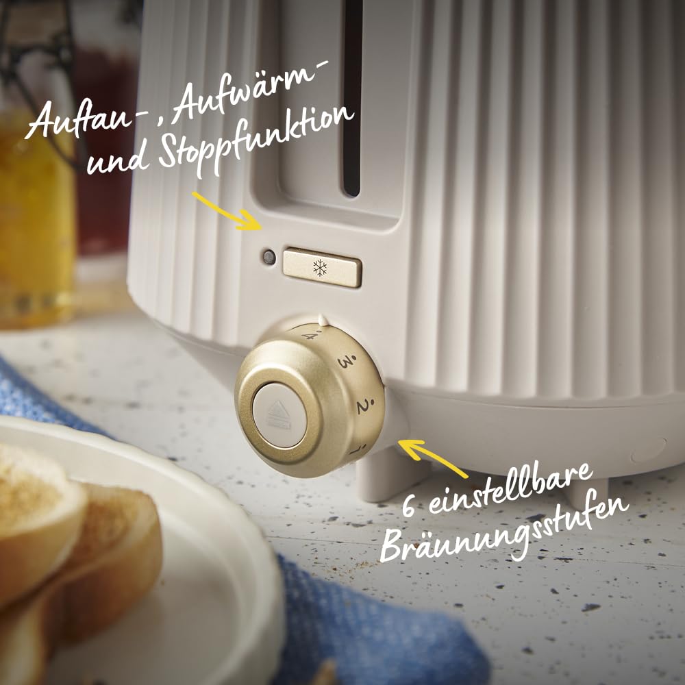Russell Hobbs Toaster [für 2 Scheiben] Brontë Stone (6 Bräunungsstufen, Mattes Finish, Goldakzente, Lift & Look, Auftaufunktion, Aufwärmfunktion, Stop- & Hebefunktion, Brötchenaufsatz) 26761-56
