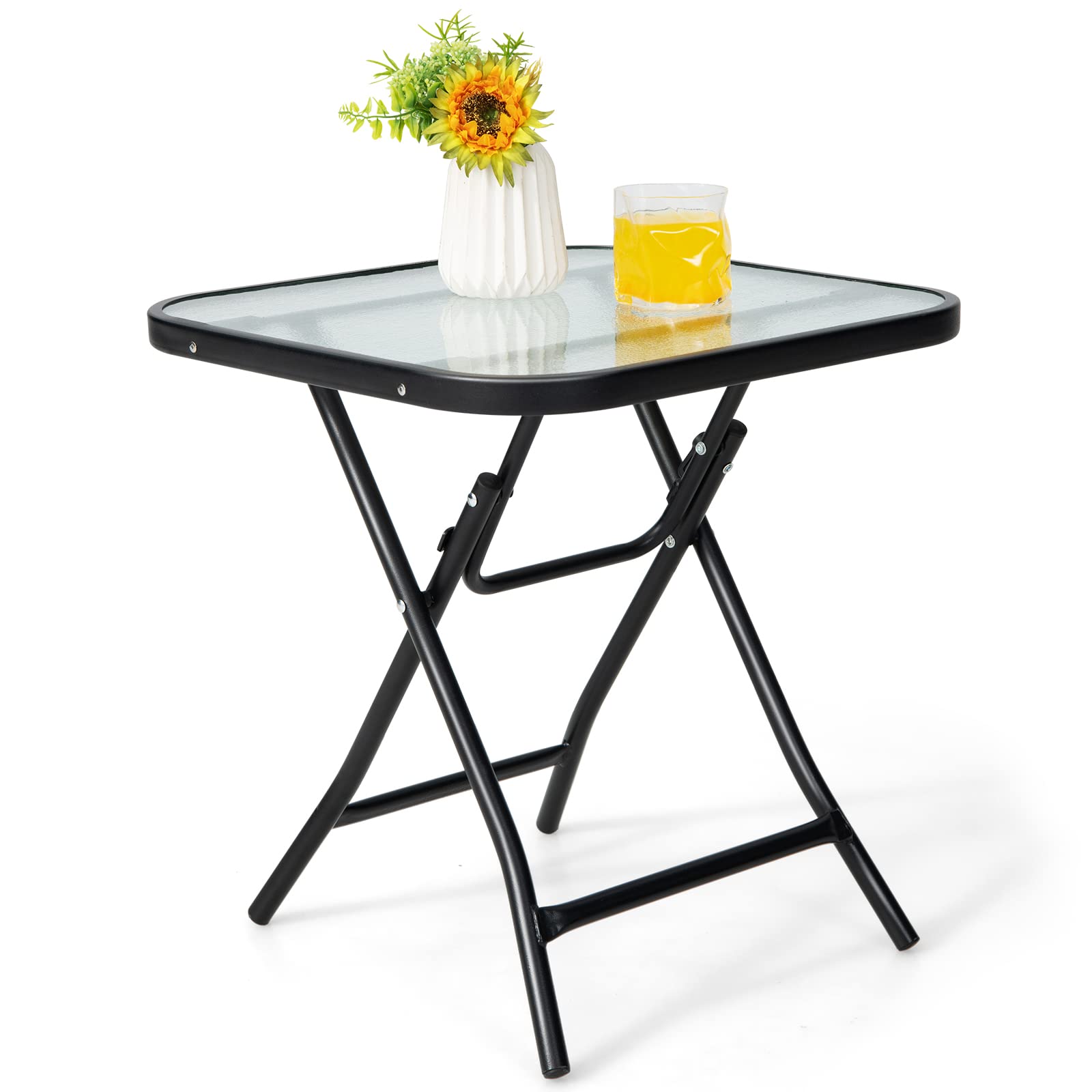COSTWAY Tavolino Esterno Pieghevole, Tavolo da Giardino con Piano in Vetro, Struttura Metallica, Tavolino Portatile per Cortile Balcone Terrazza, 46 x 47 cm (Quadrato)