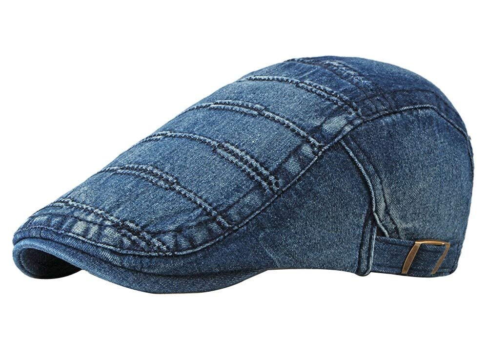 Kangqifen Mens Womens Flat Cap Washed Denim Short Brim Casual Newsboy Cap,Navy Blue