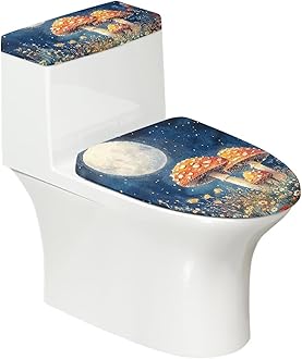 Moon Mushroom Toilet Lid Seat Cover Set with Elastic Edge 2PC Toilet Tank Lid Cover Pads Bathroom Xmas Decorative Accessories