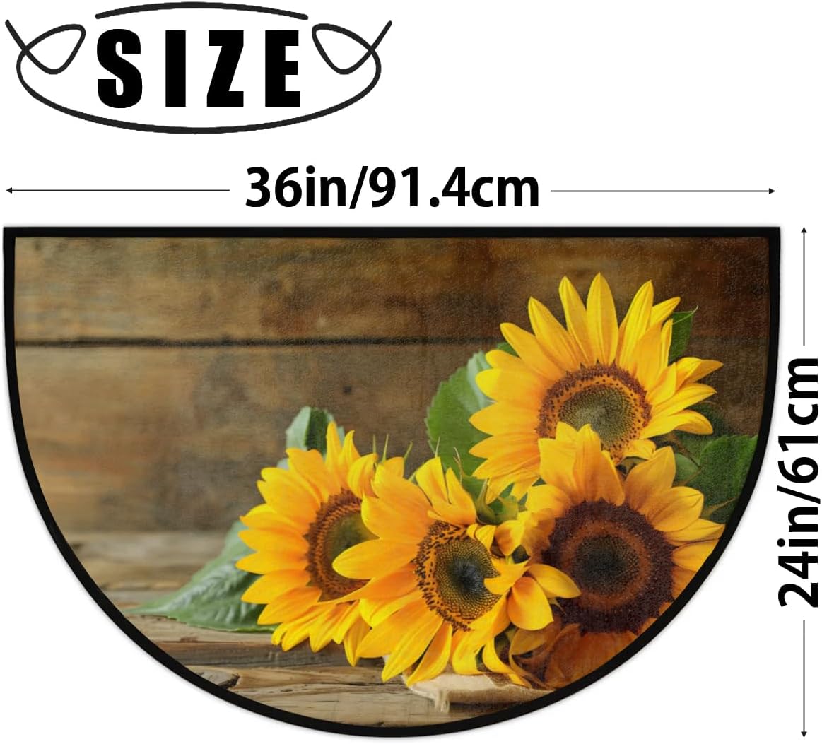 cfpolar Half Round Door Mat Wood Sunflower Flower Floral Non-Slip Semi Circle Area Rug Washable Semi Circle Floor Rug for Indoor Outdoor Living Room Bathroom Kitchen Patio Hearth Rugs Home Decoration