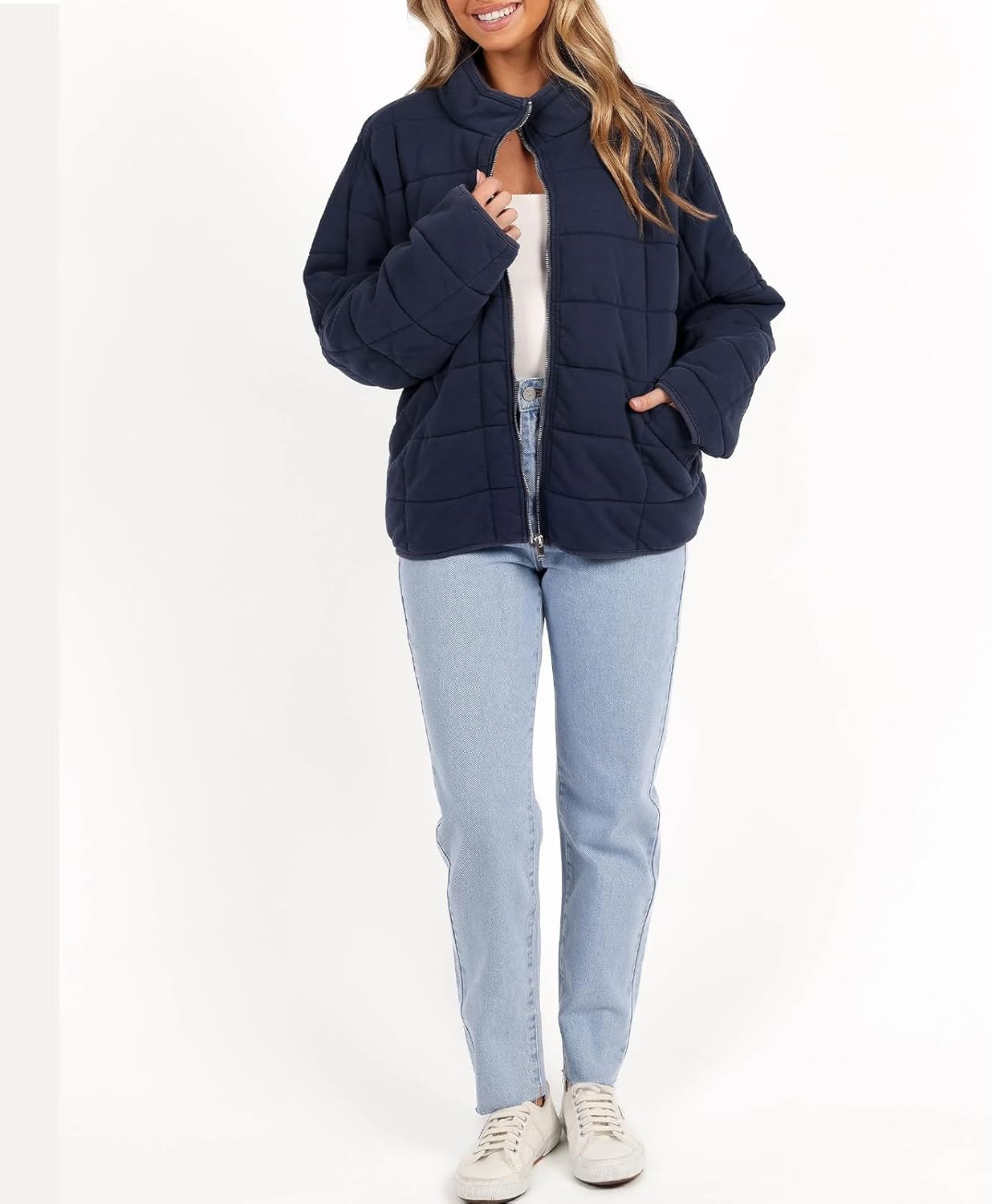 Women's Oversized Quilted Jacket Lightweight Stand Collar Casual Padded Coat Fall Winter Long Sleeve with Zipper - Image 5