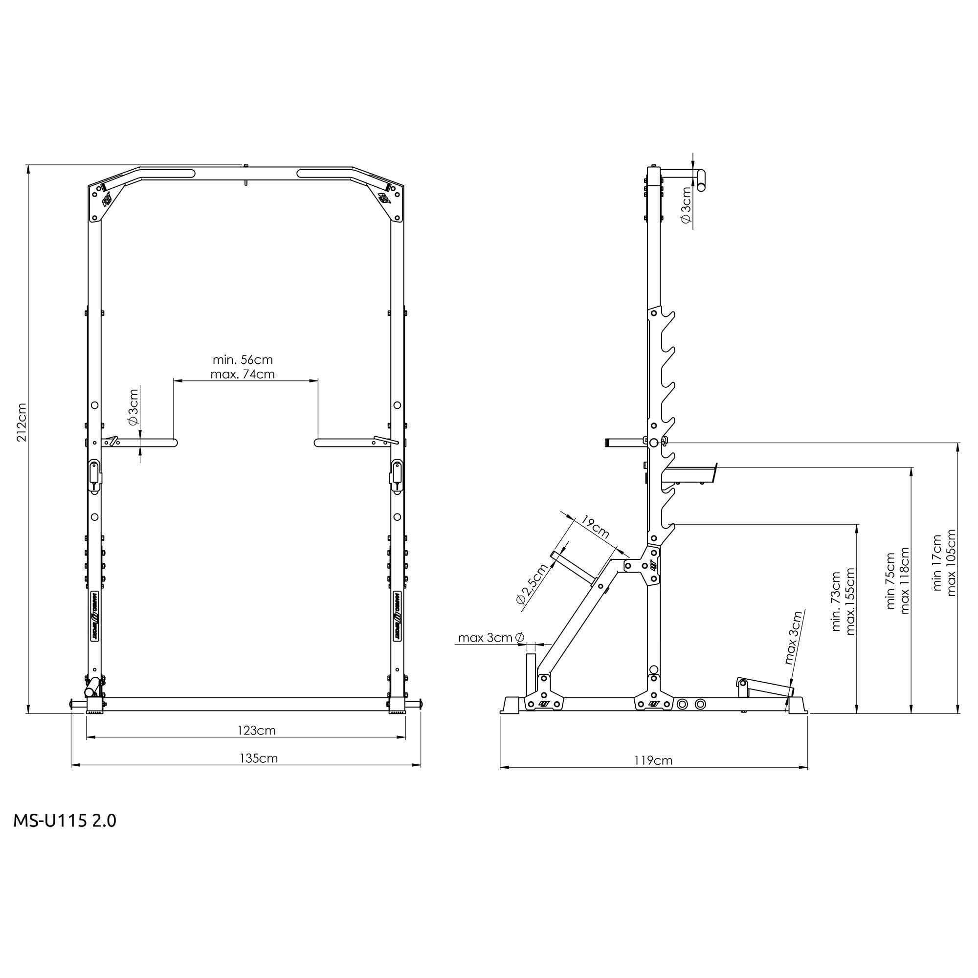 Marbo Sport Media jaula para sentadillas con barra para pull up con rack y estación de dip + conector para minas MS-U115 2.0 | Made in EU