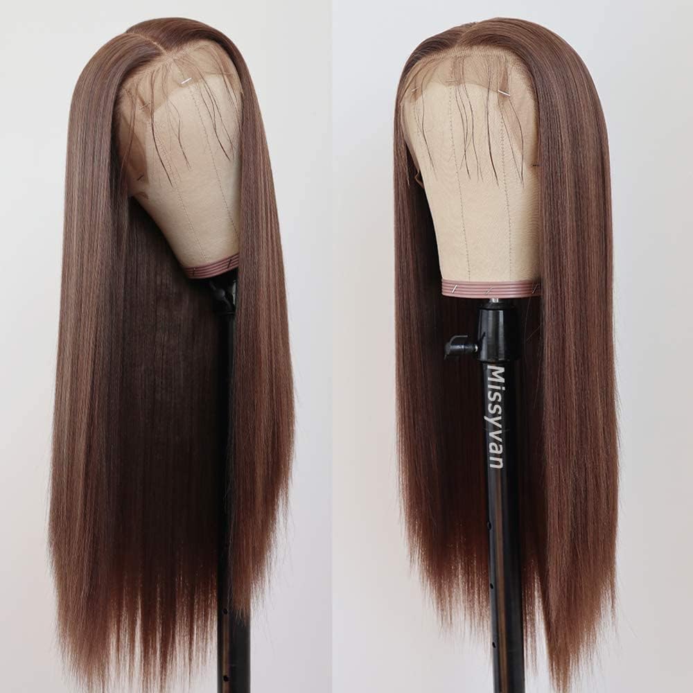 (Brown) - 13X6 Lace Front Wig Straight Hair Brown Colour 60cm Long Wigs Glueless Heat Resistant Fibre Hair Synthetic Lace Front Wigs for Fashion Women