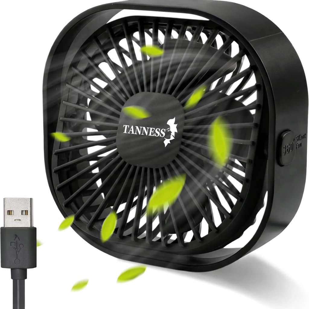 TANNESS Desk Fan, USB, 360° Rotation | Small, Portable Quiet, 3 Speed Fans & Strong Airflow, Standing Cooling Quiet Bedroom, Black
