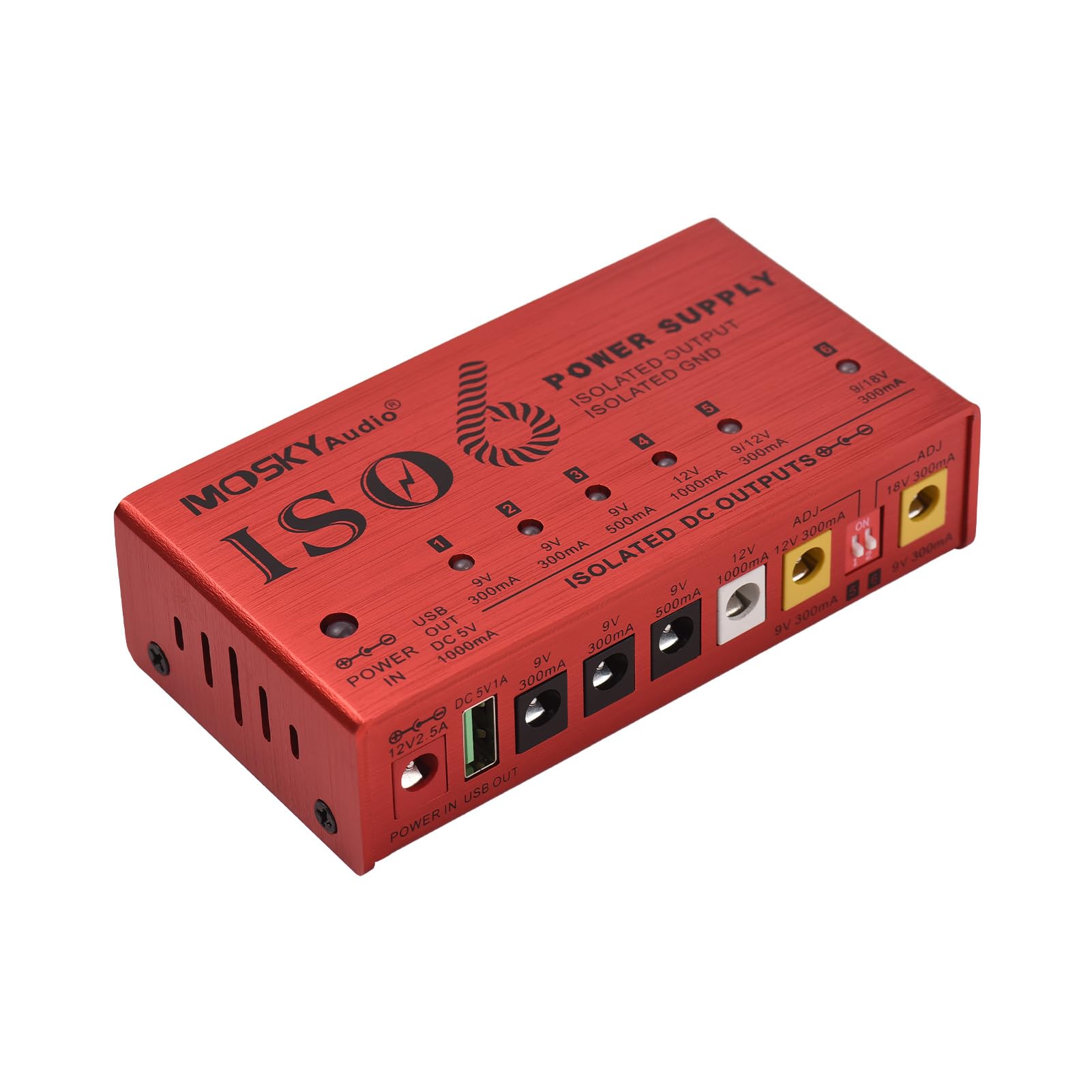 HUIOP Alimentatore per Strumenti Musicali a 7 canali con Protezione Indipendente da cortocircuito Indicatore di Alimentazione a LED 6 uscite CC e 1 Uscita USB per Pedale Effetto Chitarra Altri