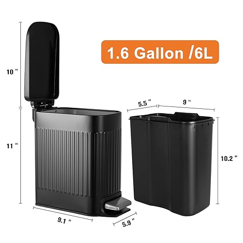 Miniatura 6 de TrashAid Cubo de basura pequeño negro para baño con tapa de cierre suave, 6 litros1.6 galones, cubo de basura de acero inoxidable con cubo interior