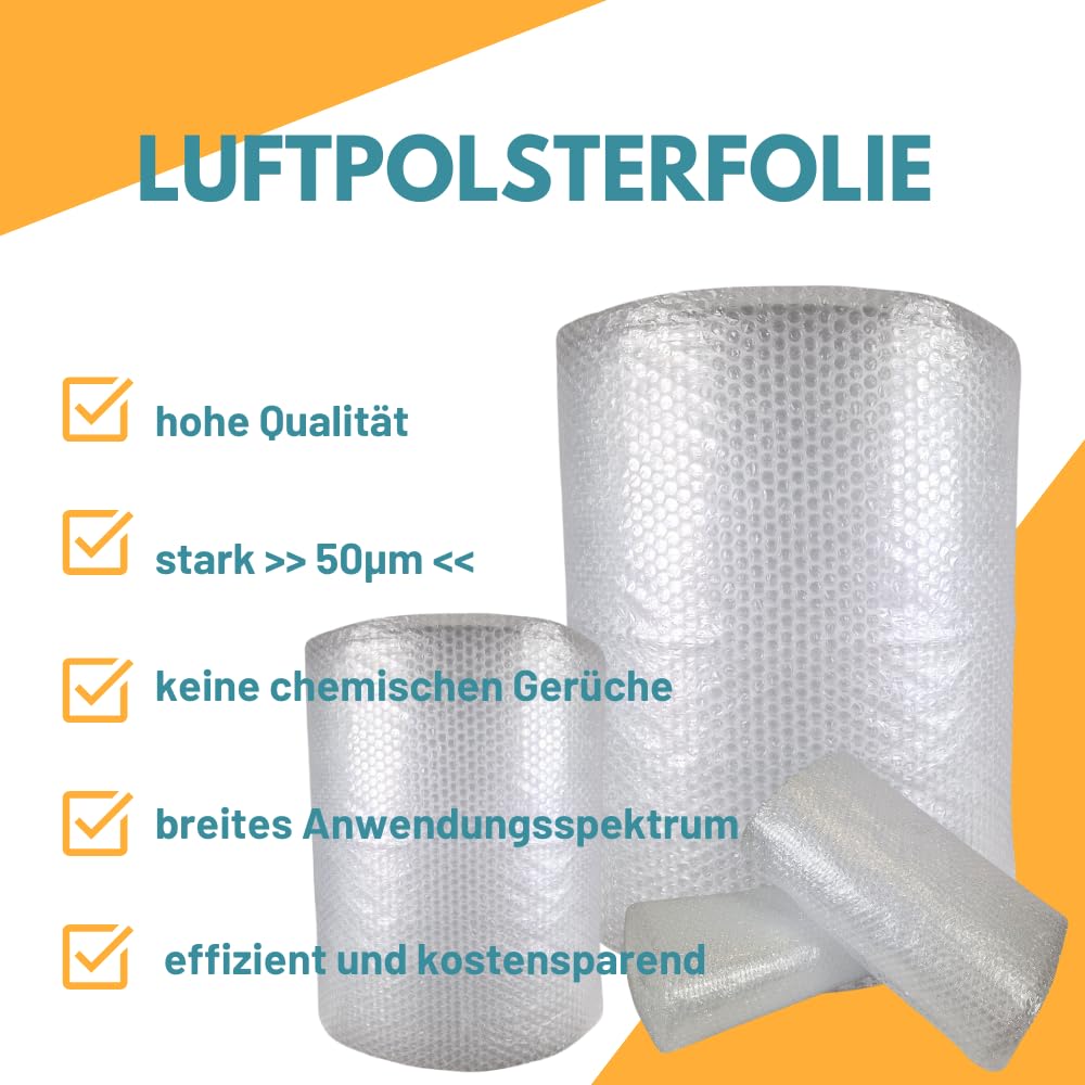 Luftpolsterfolie Rolle 50 cm x 100 m - Noppenfolie für Versand, Verpackung & Umzug -100% recycelbar - Bubble Wrap Polstermaterial Verpackungsmaterial (50my)