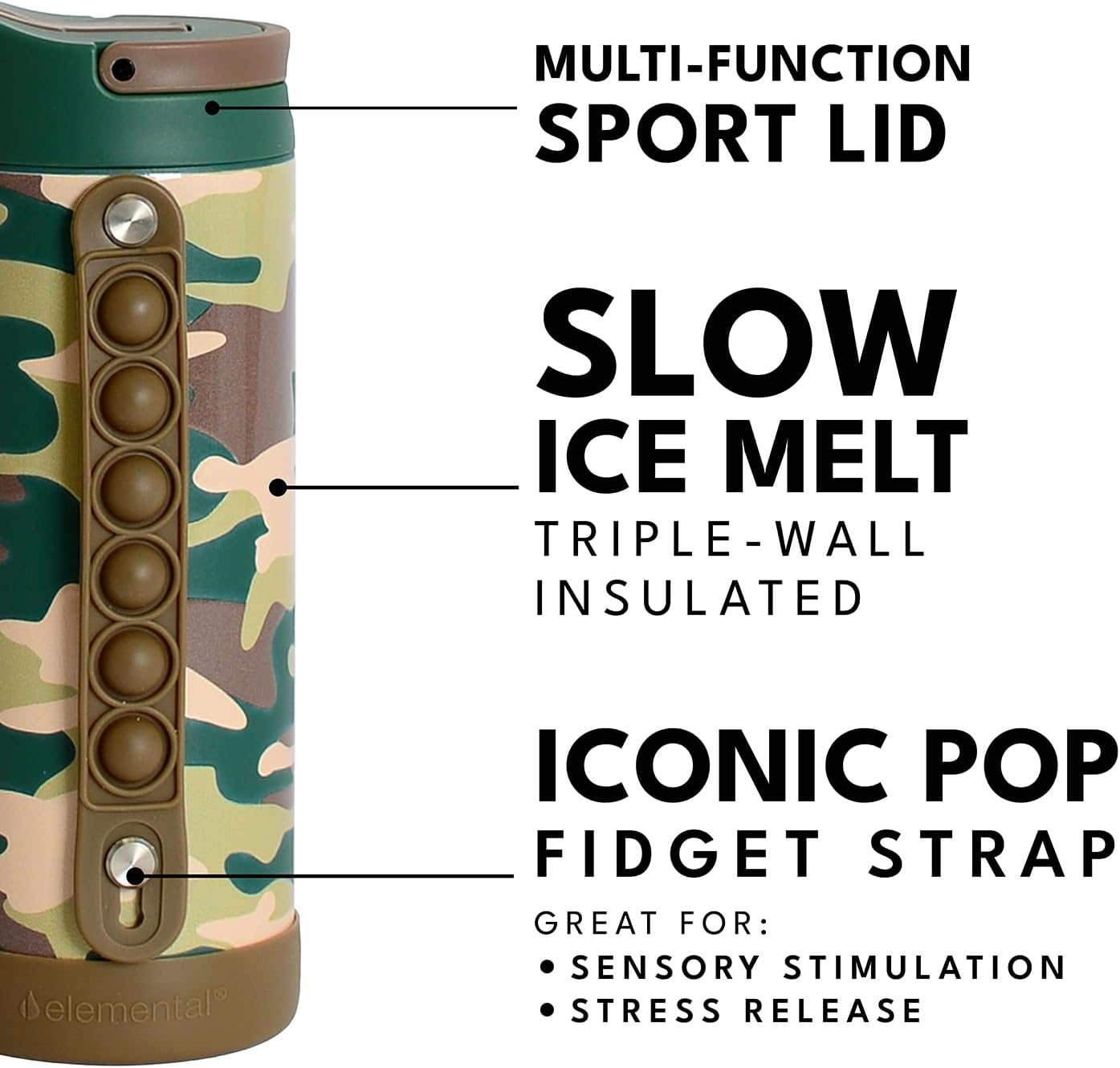 Elemental Iconic Kids Water Bottle for School - 100% Leak-Proof Insulated Water Bottles with Straw Lid & Pop-It Handle for Boys & Girls - Triple-Wall Insulated & BPA-Free, 14oz – Green Camo - Image 8