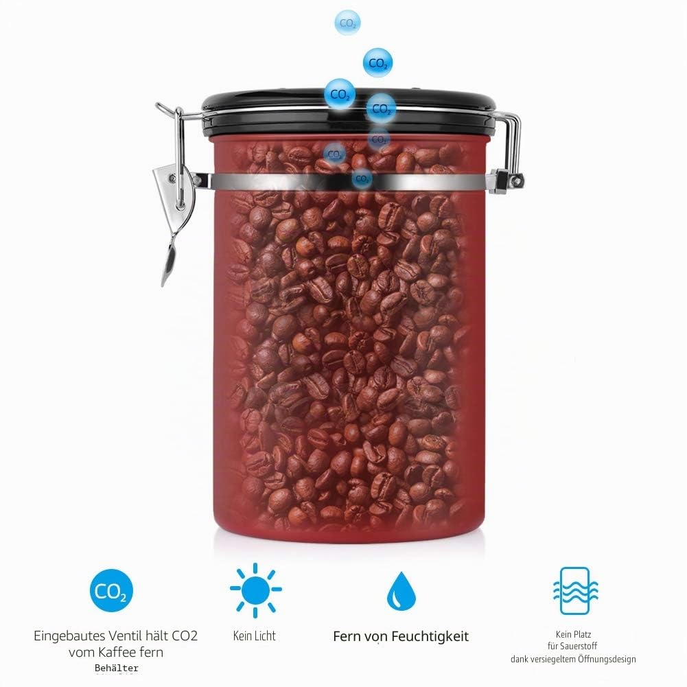 TOPINCN Kaffeebehälter, 1,8 L Lebensmittelbehälter Großer Luftdichter Schwarzer Küchenbehälter aus Edelstahl für Kaffee und Bohnen(Rot)