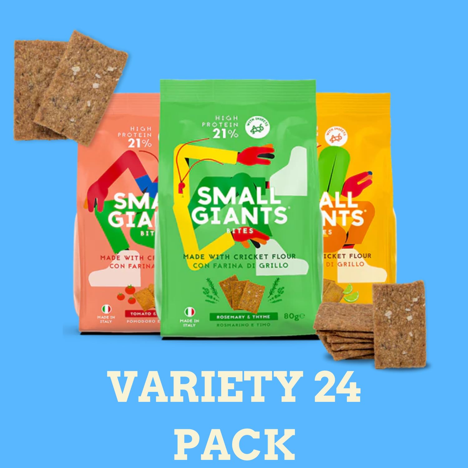 SMALL GIANTS®| Chipsy Proteinowe Jadalne Owady, Zdrowe Przekąski z Mąką ze Świerszczy, Chipsy Mix, Low Carb, Smak Pomidor&Oregano, Rozmaryn&Tymianek, Limonka&Czarny Pieprz (Mix- All Flavours)