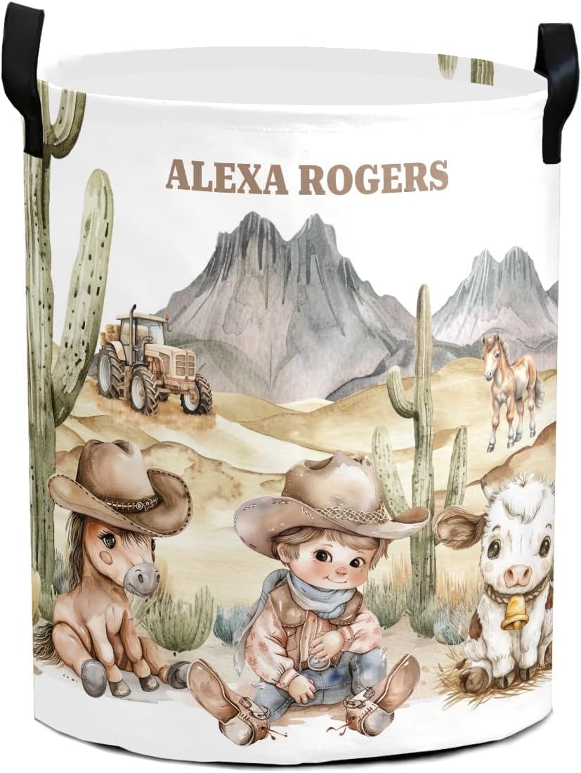 Personalized Flower Laundry Basket,Cowboy Boots Wagon Wheel Lantern Dirty Clothes Hamper Storage Basket for Bathroom Bedrooms, Customized Hamper Gift for Boys Girls