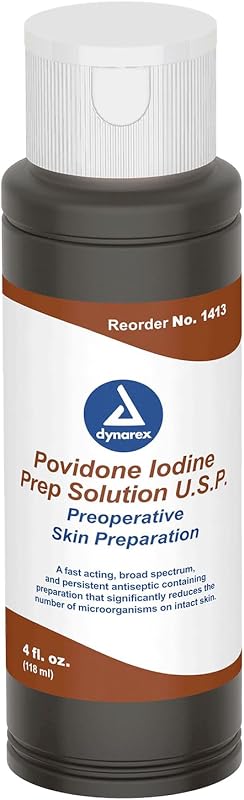 Dynarex Povidone-Iodine Prep Solution, Antiseptic Solution for Skin and Mucosa, Ideal for Surgical Site Preparation, Contains Povidone Iodine 10%, 4 fl. oz., 1 Bottle