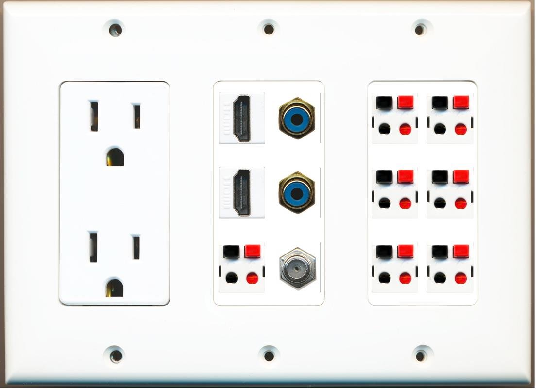 RiteAV - (3 gang) gniazdo zasilania 15 A 2 HDMI koncentryczny 2 RCA niebieski 7 gniazdo głośnikowe płyta ścienna biała