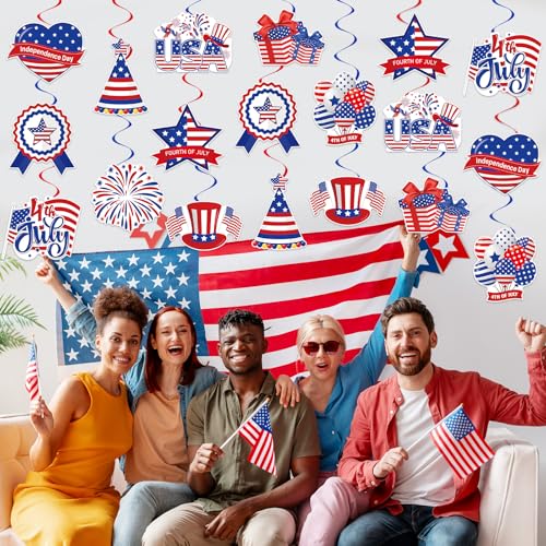 Image of 40Pcs 4th of July Decorations Hanging Swirls, Double Sided Independence Day Ceiling Hanging Decor Patriotic Streamers Foil Swirl for 4th of July Independence Day Patriotic Party Decorations