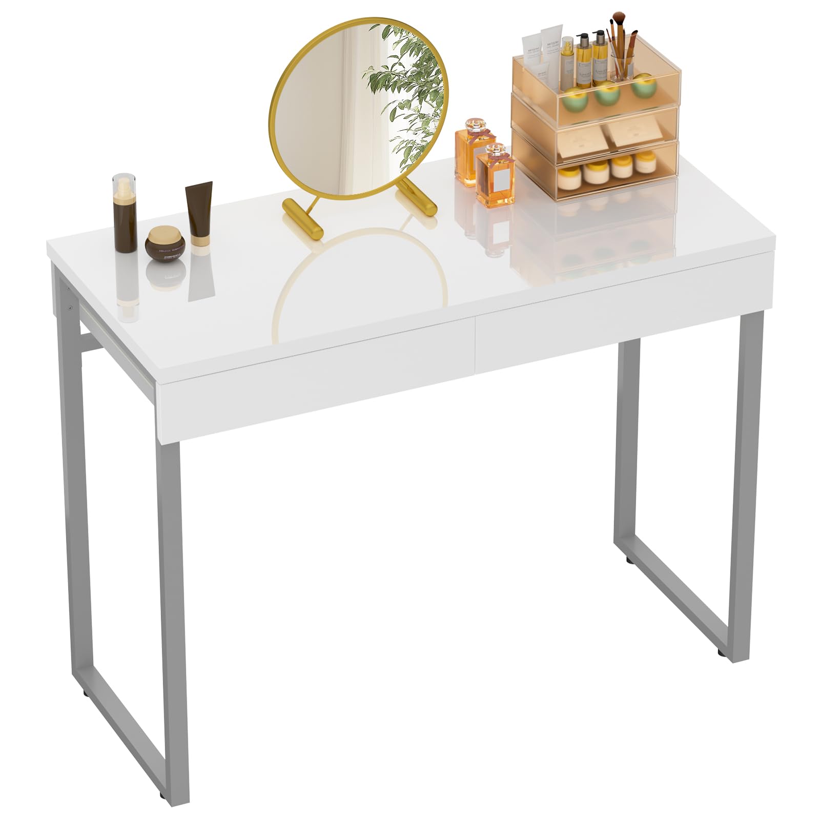 GreenForest Vanity Desk with 2 Drawers Glossy White 39 inch Modern Home Office Computer Desk Makeup Dressing Console Table with Metal Silver Legs for Small Spaces,Silver