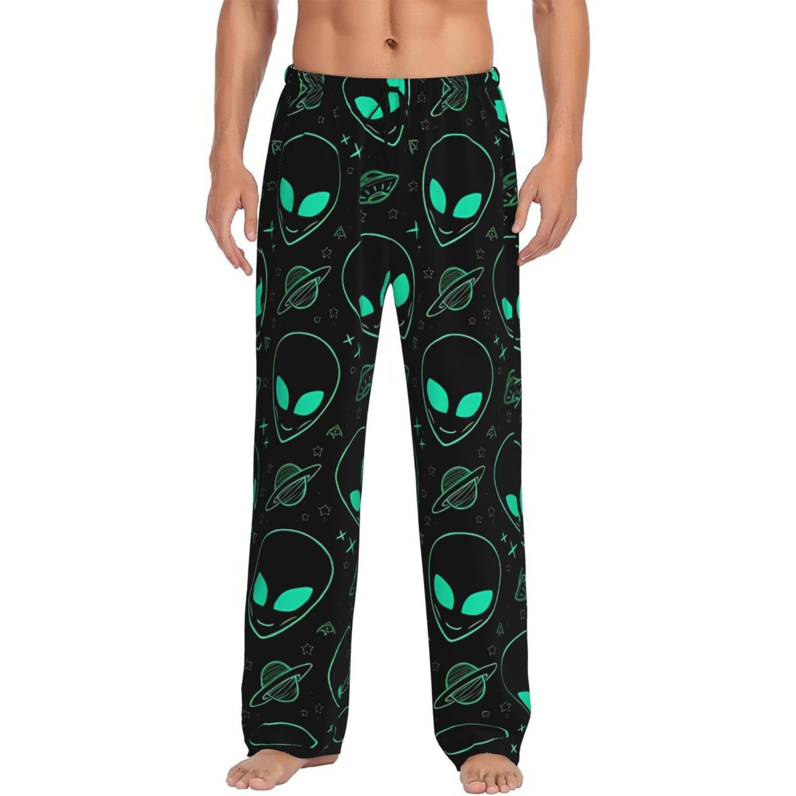 Men's Pajama Pants Aliens Print Soft Lounge Bottoms Lightweight Sleep Trousers with Pockets L