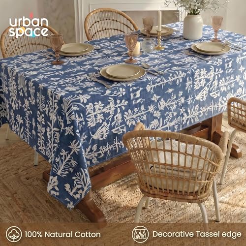 Image of Urban Space 100% Cotton Dining Table Cover for 6 Seater, Printed Cotton Table Cloth for Center Table, 48 inch X 92 inch (Twigs Indigo, 6 Seater)