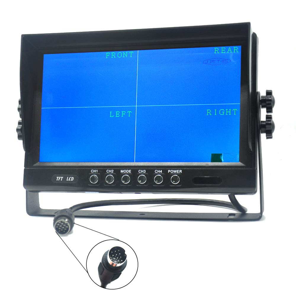 9" TFT LCD Auto Rückansicht Quad Split Monitor, Fernbedienung, 4-Kanal 4-PIN Stecker Video Eingänge Stoßfest mit 12V-24V 800480HD Bildschirm mit Sonnenschirm Anti-Blende