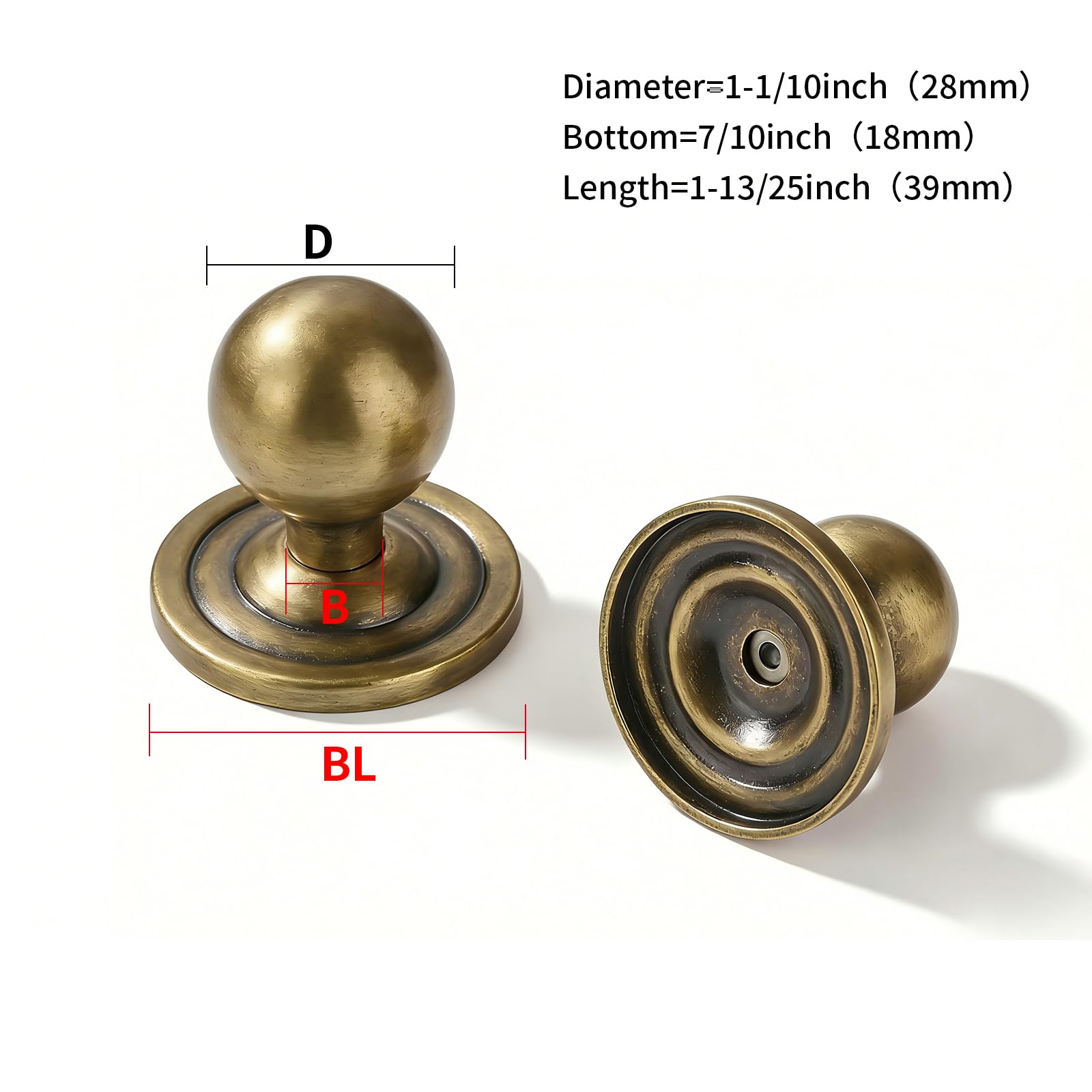 KHTUMEWARE-250+304 Round Knob, Antique Brass, 1-1/10 in (28 mm), 2-Pack in Antique Brass — KHTUMEWARE