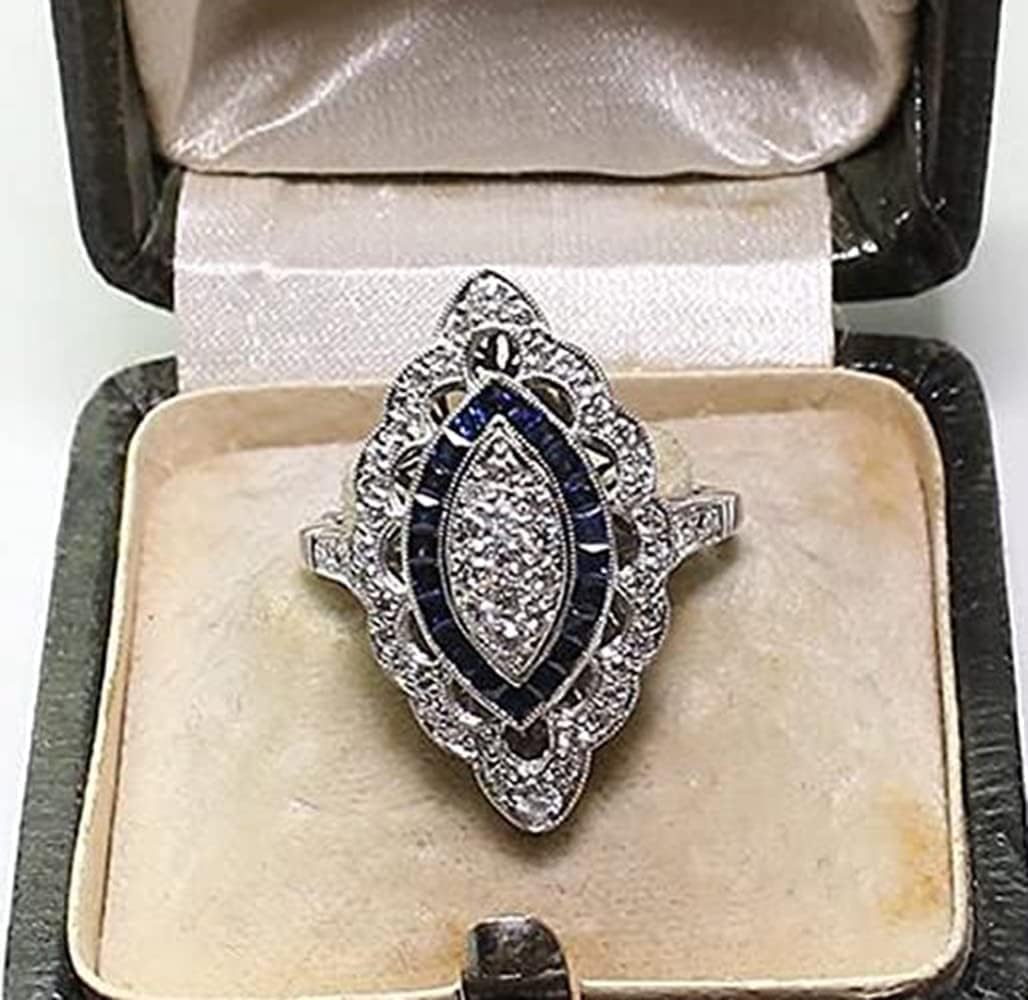 Koguxuix Fashion Jewelry Antique Edwardian Silver Blue Sapphire CZ Crystal Eye-Shape Ring Band for Women (Size 7) - Image 3