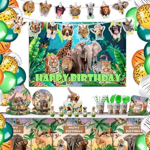 Vajilla Animales de la Jungla 20 personas - 242 pcs Decoracion Cumpleaños Animales de la Selva Vajilla Fiesta Safari Platos Vasos Servilletas Cubiertos Pajitas Toppers Mantel Globos Pancarta Guirnalda