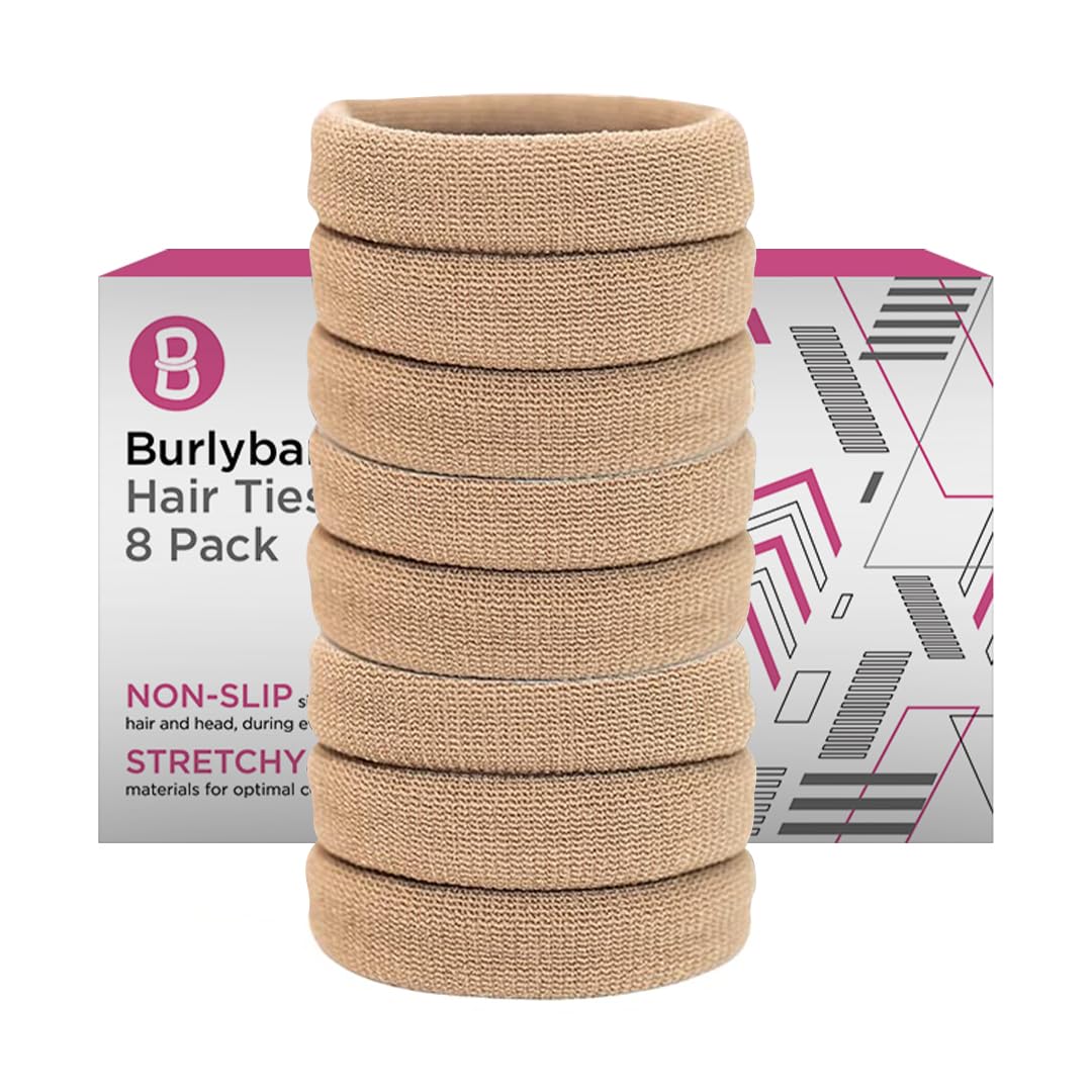 Burlybands Large Hair band, scrunchies for Thick Heavy or Curly Hair. No Slip No Damage Seamless Ponytail Holders Scrunchies Sports Thick Hair Ties. Women's Hair Elastics-Bands (Lt Brown 8 Pcs)