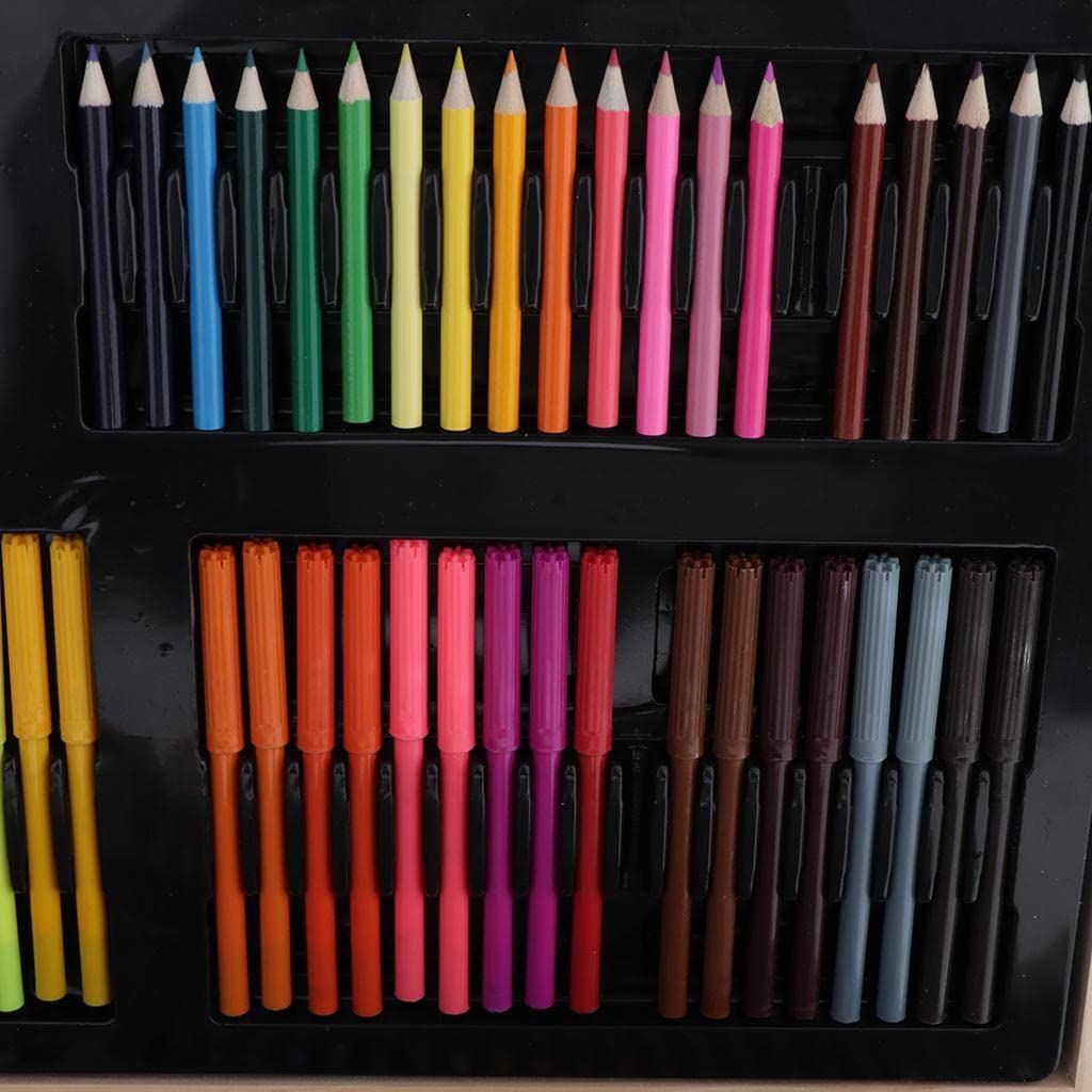 Kit de dessin professionnel de 180 pièces pour enfants de 9 à 12 ans | Boîte en bois avec crayons de couleur, stylos aquarelle, tige de cire, peintures pour artistes débutants | Portable
