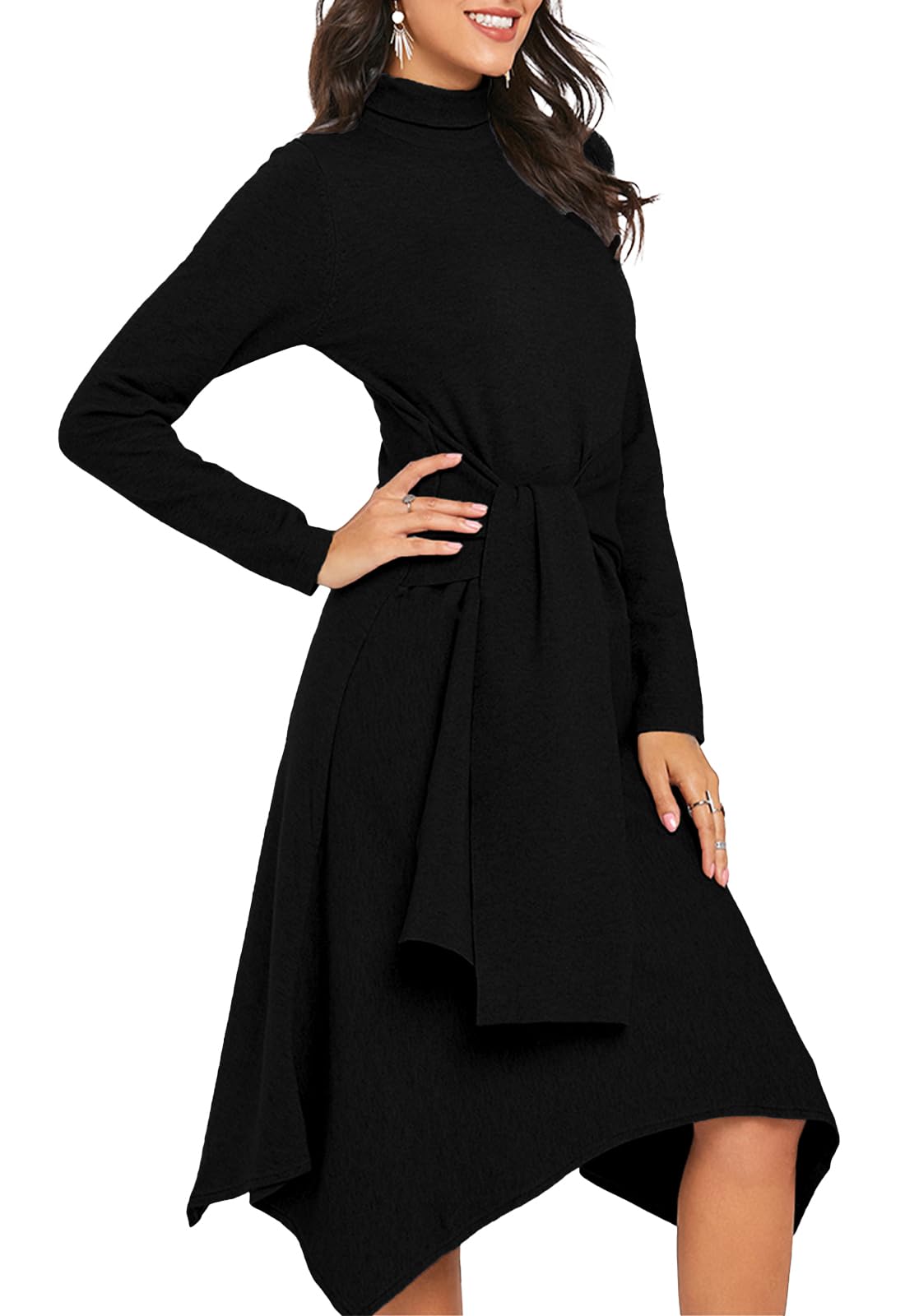 JayscreateEU Abito da donna in maglia per l'autunno, l'inverno, l'autunno, l'autunno, l'autunno, l'autunno, il vestito midi con collo alto, a maniche lunghe, con cintura, abito caldo ad A