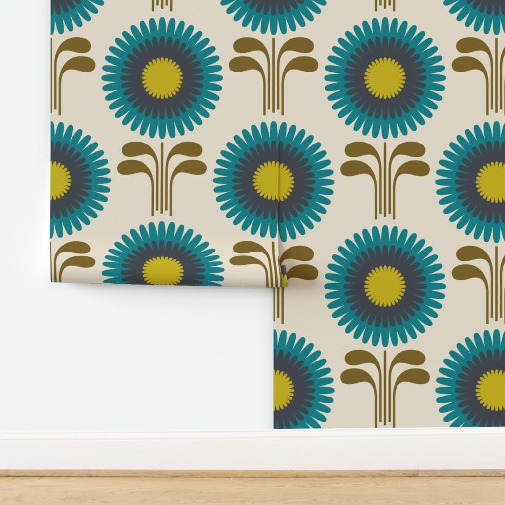 Peel & Stick Wallpaper 3ft x 2ft - Retro Vintage Floral Olive Custom Removable Wallpaper by Spoonflower