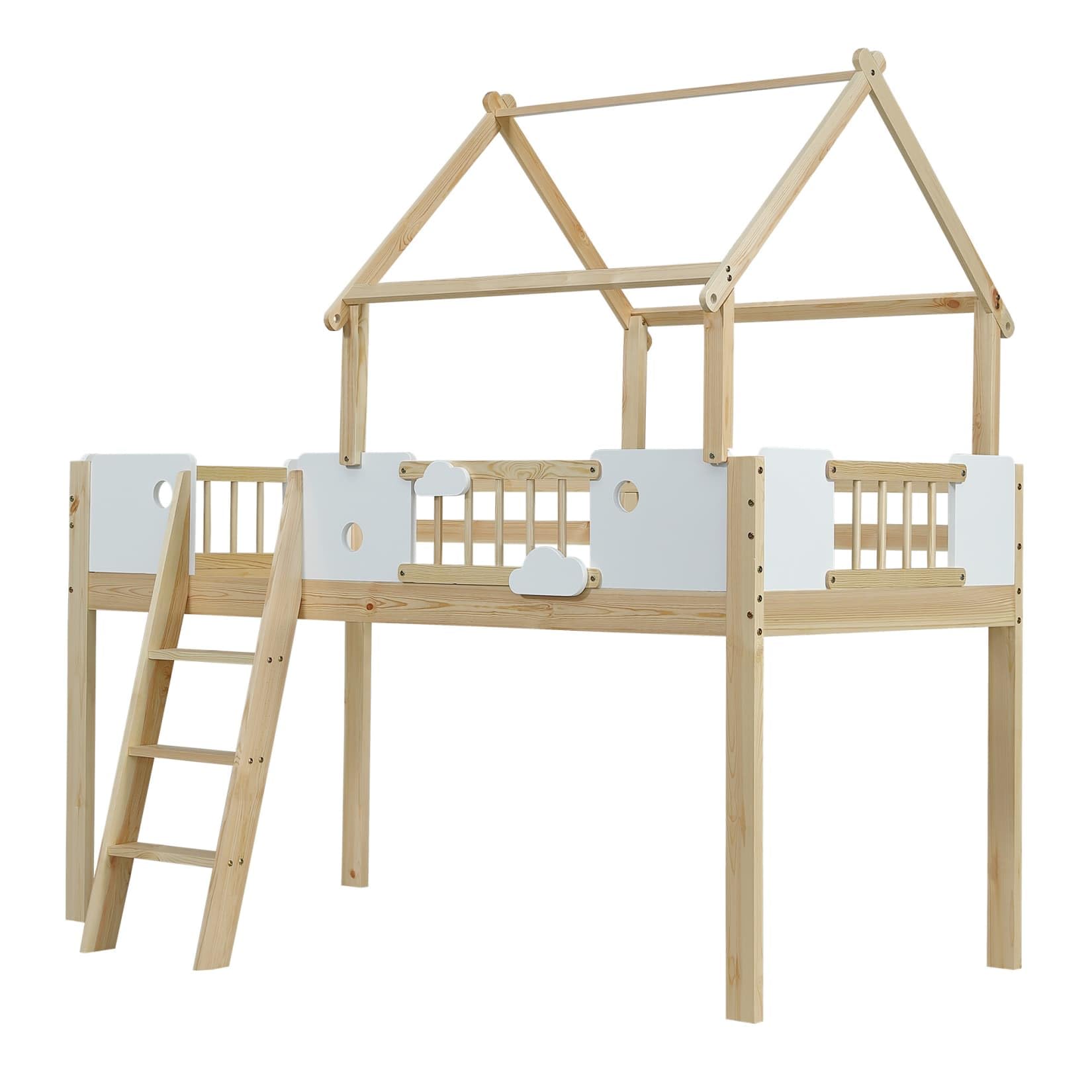 PUGSDRLY Lit Mezzanine Enfant 90x200cm avec Barrières,Lit Cabane Enfant avec échelle et Design Unique du Toit,Mi Hauteur,Cadre en Pin,Blanc+Naturel
