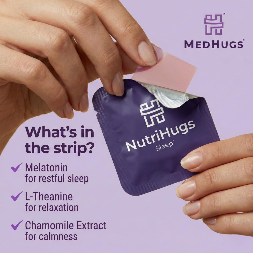 NutriHugs Sleep Aid Oral Thin Film Strips – Valerian Root, Chamomile, Lavender, Melatonin, Hibiscus & Natural Ingredients | Vegan, Sugar-Free, Non-GMO | Doctor-Formulated | 30 Strips