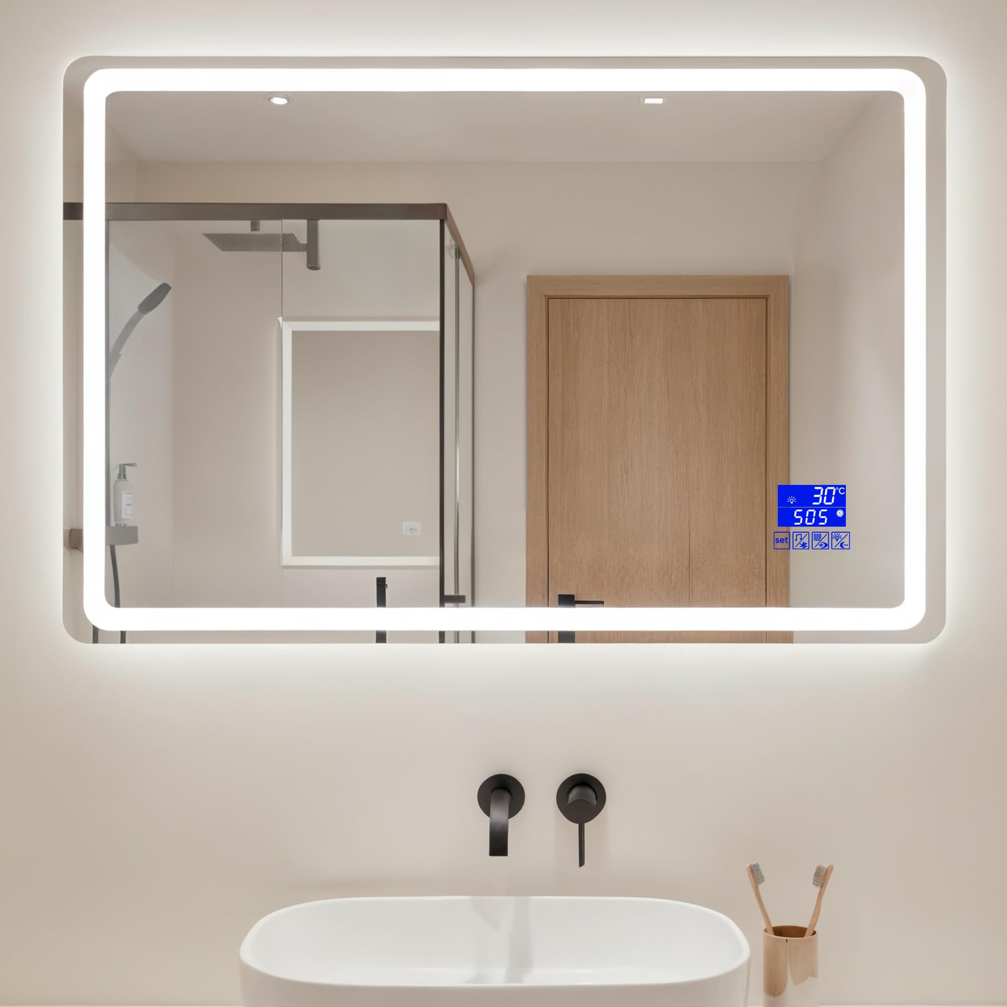 Espejo con Bluetooth y Luz LED Tipo 2 Regulable 3000K/4000K/6000K【120 x 70 cm】 Función Antivaho, Modelo Horizontal de Pared con Interruptor Táctil, Instalación Fácil