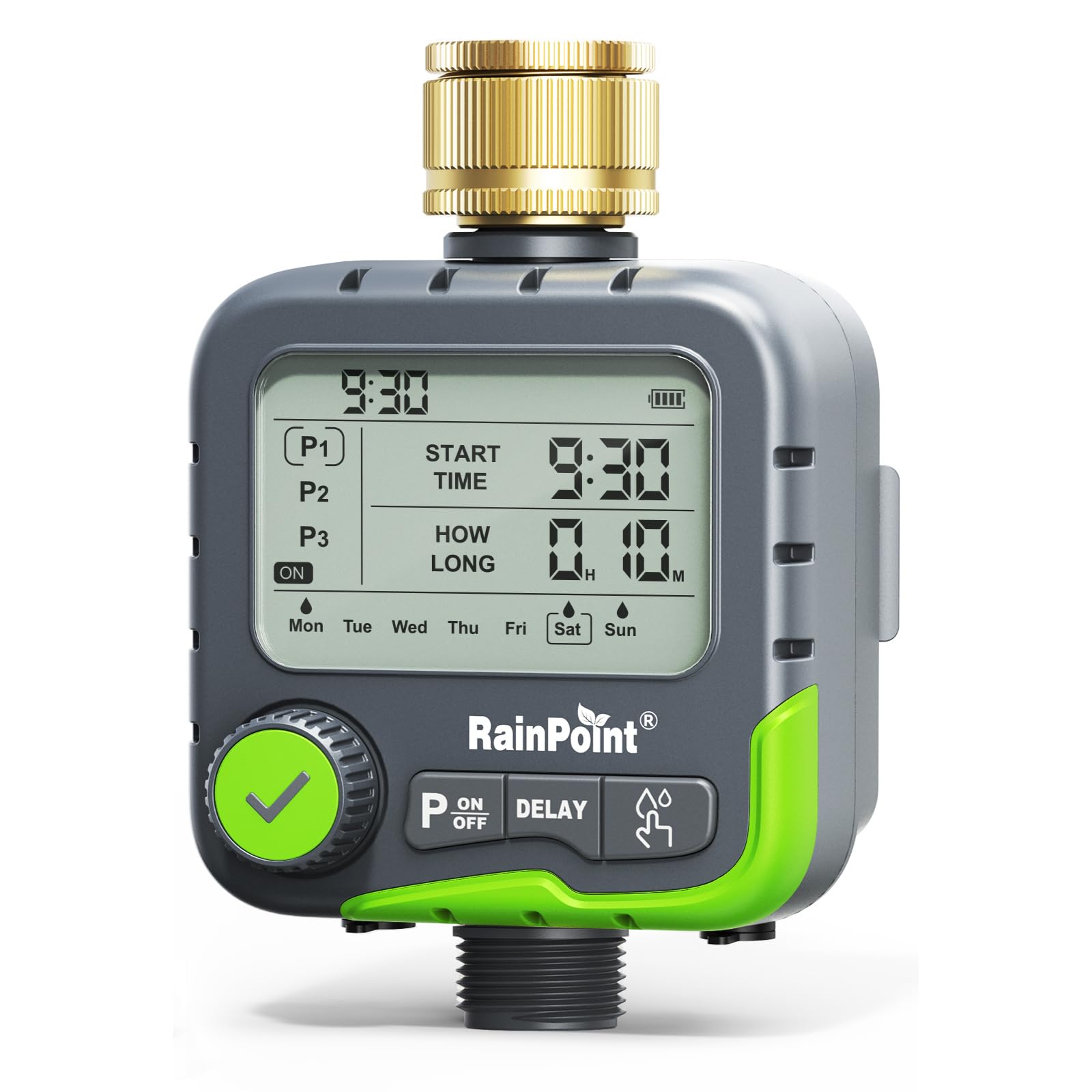 RAINPOINT Bewässerungscomputer mit 3 unabhängigen Bewässerungsplänen, einfache Bedienung, Dual-Anschlüsse für Regensensor und Solarpanel, Regenverzögerungsfunktion, IP65 wasserdicht