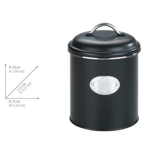 WENKO Aufbewahrungsdose Mod. Nero, 1,6 Liter, Frischhaltedose zur luftdichten Aufbewahrung von Lebensmitteln, wasserdicht, aus lackiertem Metall mit Applikation, Retro-Design, Ø 13 x 18 cm, Schwarz