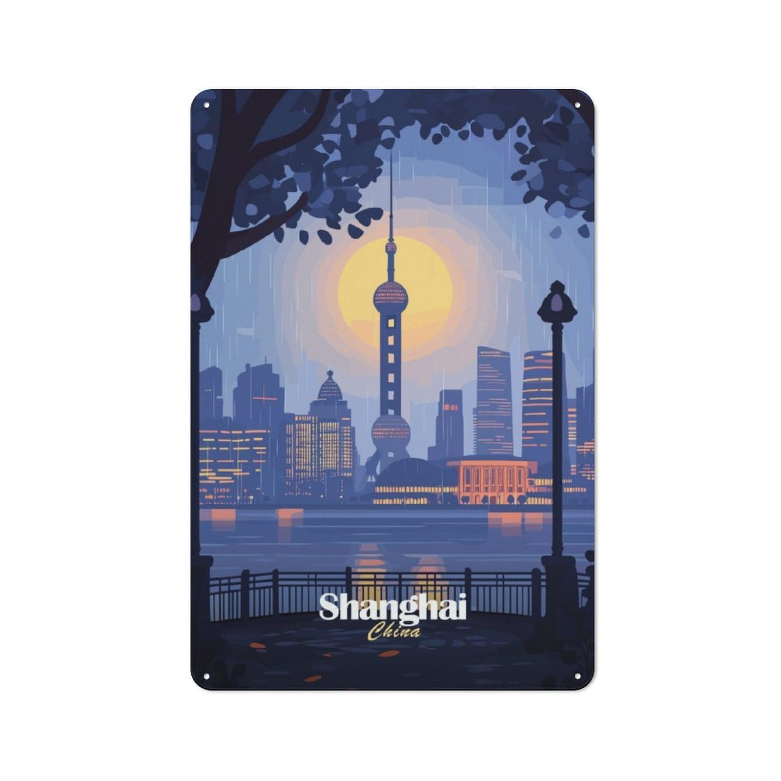 Junmoney Shanghai Skyline Rustic Metal Sign 30X20cm For Hobby Room Or Studio, For Kitchen, Dining Room And Home Bar Wall Decor