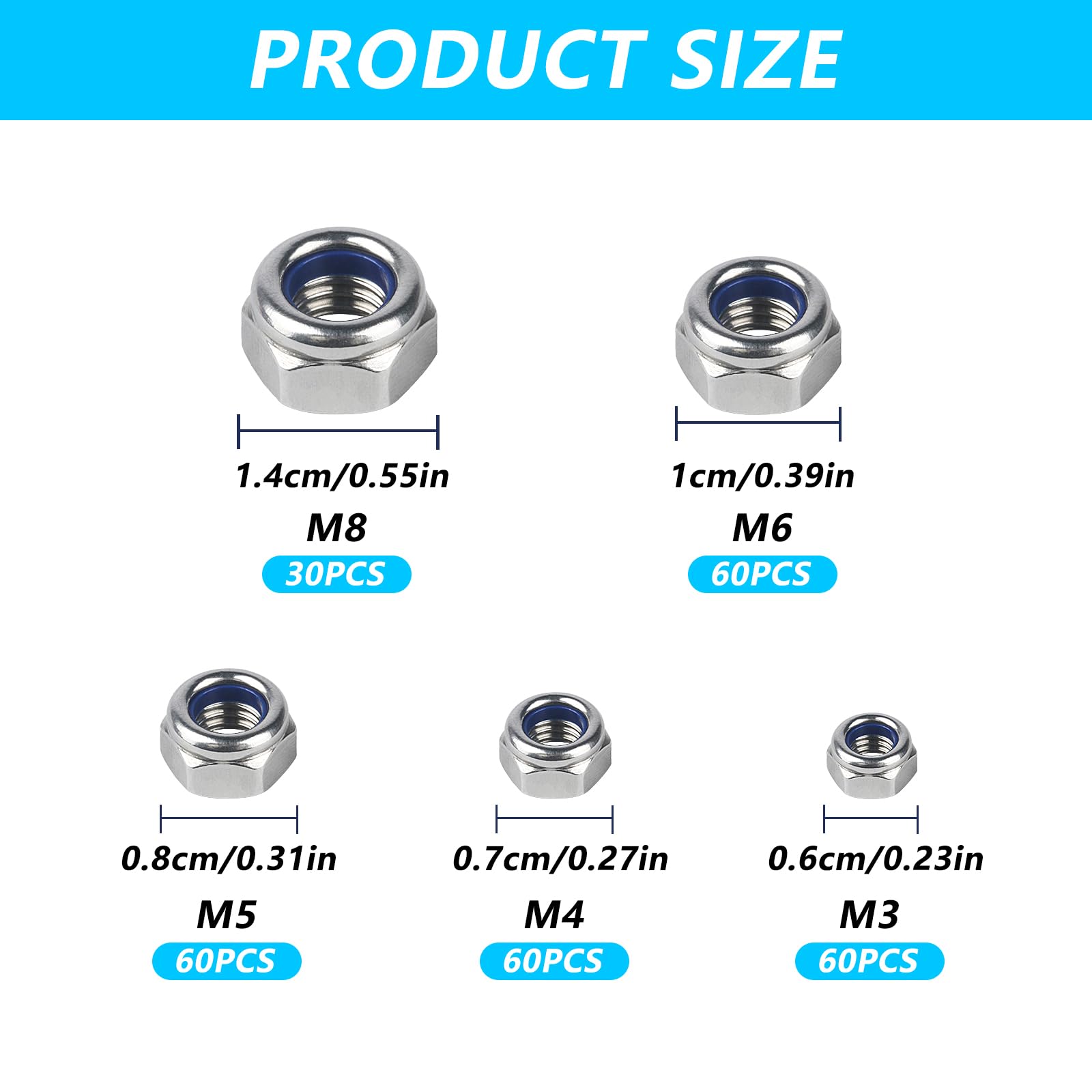 270 PezziDadi Esagonali, Metrici Dadi Autobloccanti Dadi di Bloccaggio in Acciaio Inox con Filettatura Standard, Dado per Bulloni e Viti Rondelle -M3, M4, M5, M6, M8 (Argento)
