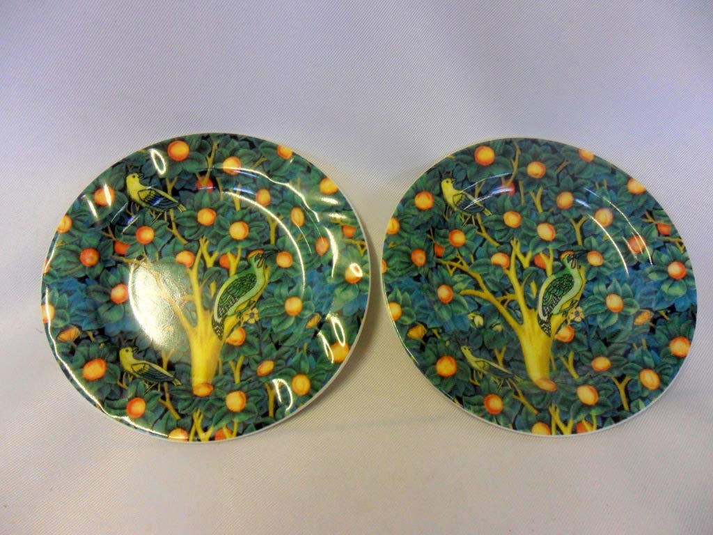 Heron Cross Pottery Multicolor Set Of 2 William Morris Woodpecker Design China Coasters.