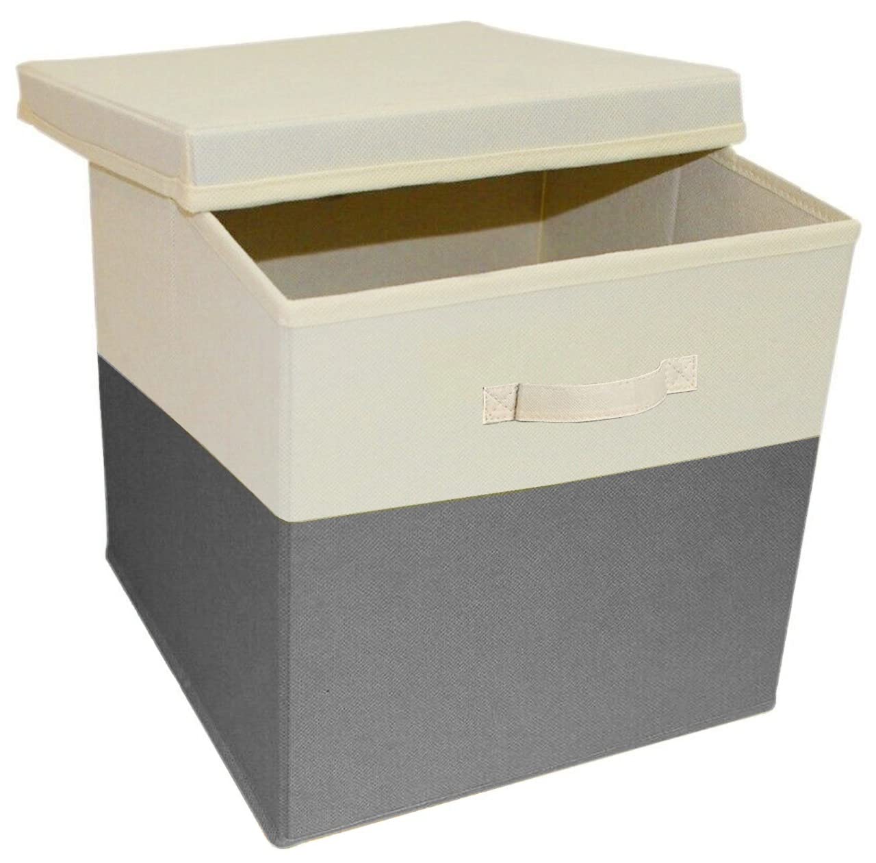 A406 Beige/Grey 3X Foldable Storage Boxes With Lid Storage Basket With Lid Fabric Cubes With Handles Collapsible Fabric Organiser Clothes Storage Box (Medium -25X25x25cm, )